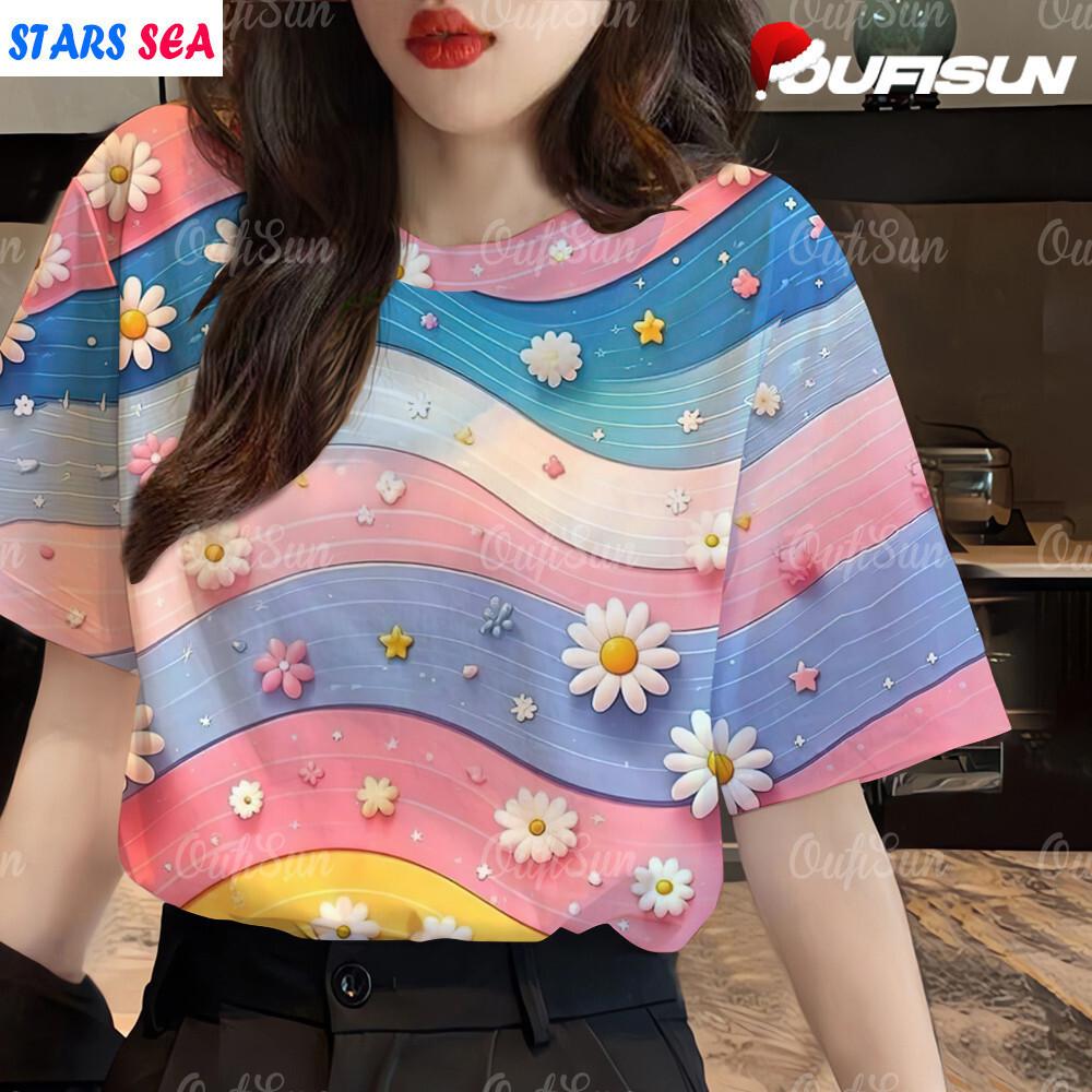3d Colorful floral short Sleeve T-shirt for women's fashion loose plus size pullover