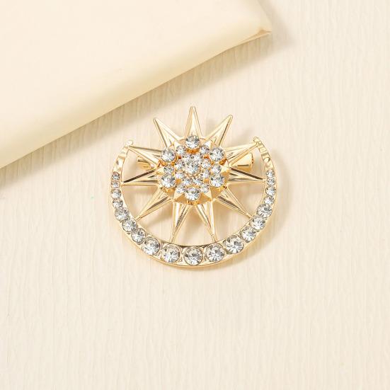 Zinc Alloy Brooch Pin, Moon Star Shape Lapel Badge with Rhinestones Inlaid, Decorative Collar Pin for Sweaters Collars Hats Bags Coats Scarves