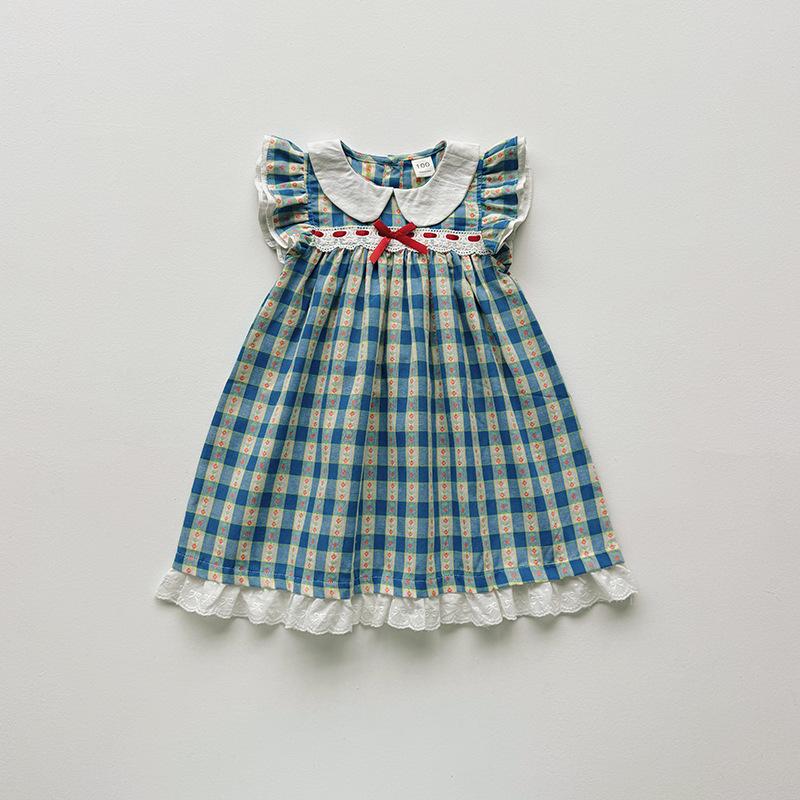 Girls Summer Plaid Dress With Lace Peter Pan Collar Flutter Sleeve Bowknot Princess Dress For Kids 130cm