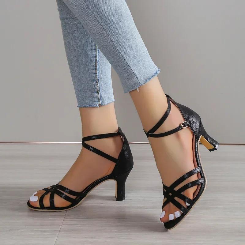 New Style Solid Color Sandals  Fashion Women High Heels Casual One-word Buckle Fish Mouth Sandals Women's Women Shoes