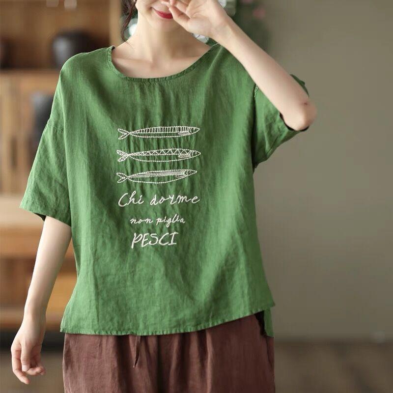 DIMANAF 2026 Summer New Plus Size Women Vintage Embroidery Cotton Linen T-shirt Casual Loose O-Neck Short Sleeve Tops