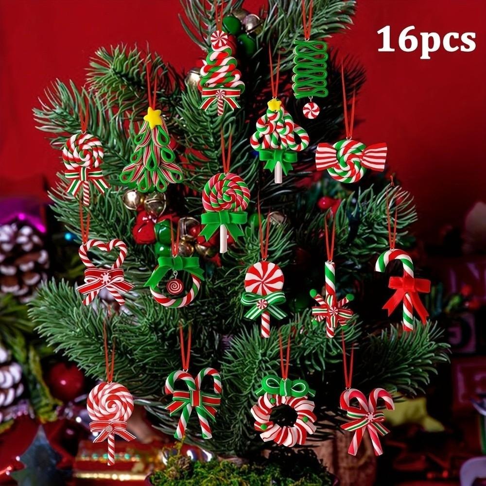 12/16Pcs Colorful Christmas Lollipop Ornaments Handmade Craft Wood Candy Cane Hanging Decoration Wooden Pendant