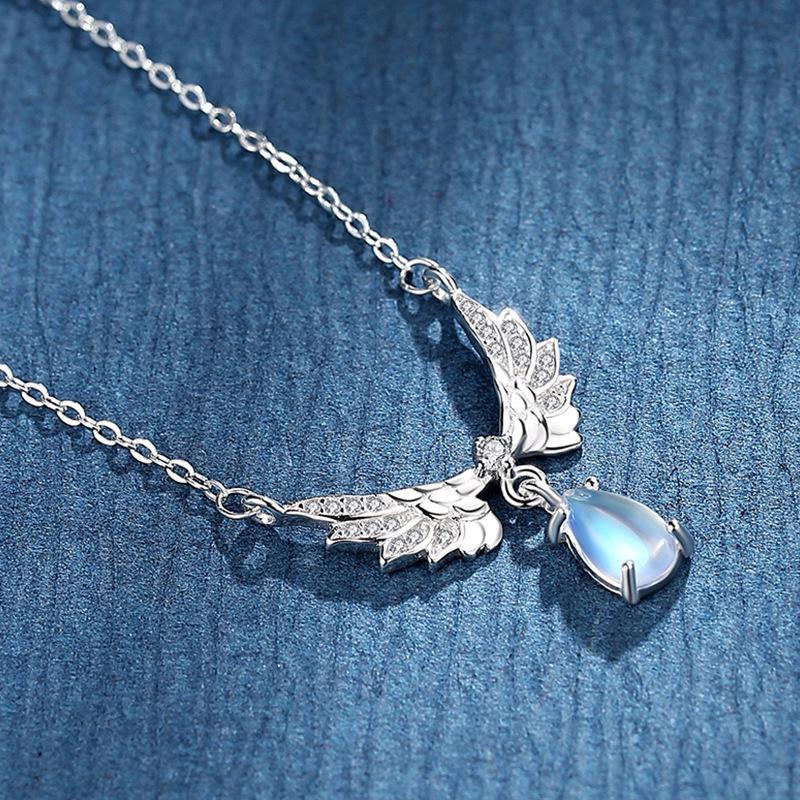 Silver-Plated Moonstone Angel Wings Necklace for Women - Elegant Gift for Girlfriend (2026 New Style)
