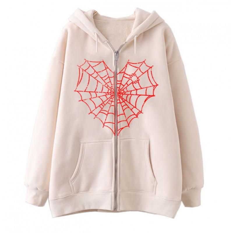 Colorful Spider Web Print Zip Up Hoodie Loose Fit Streetwear Y2K Couple Outerwear