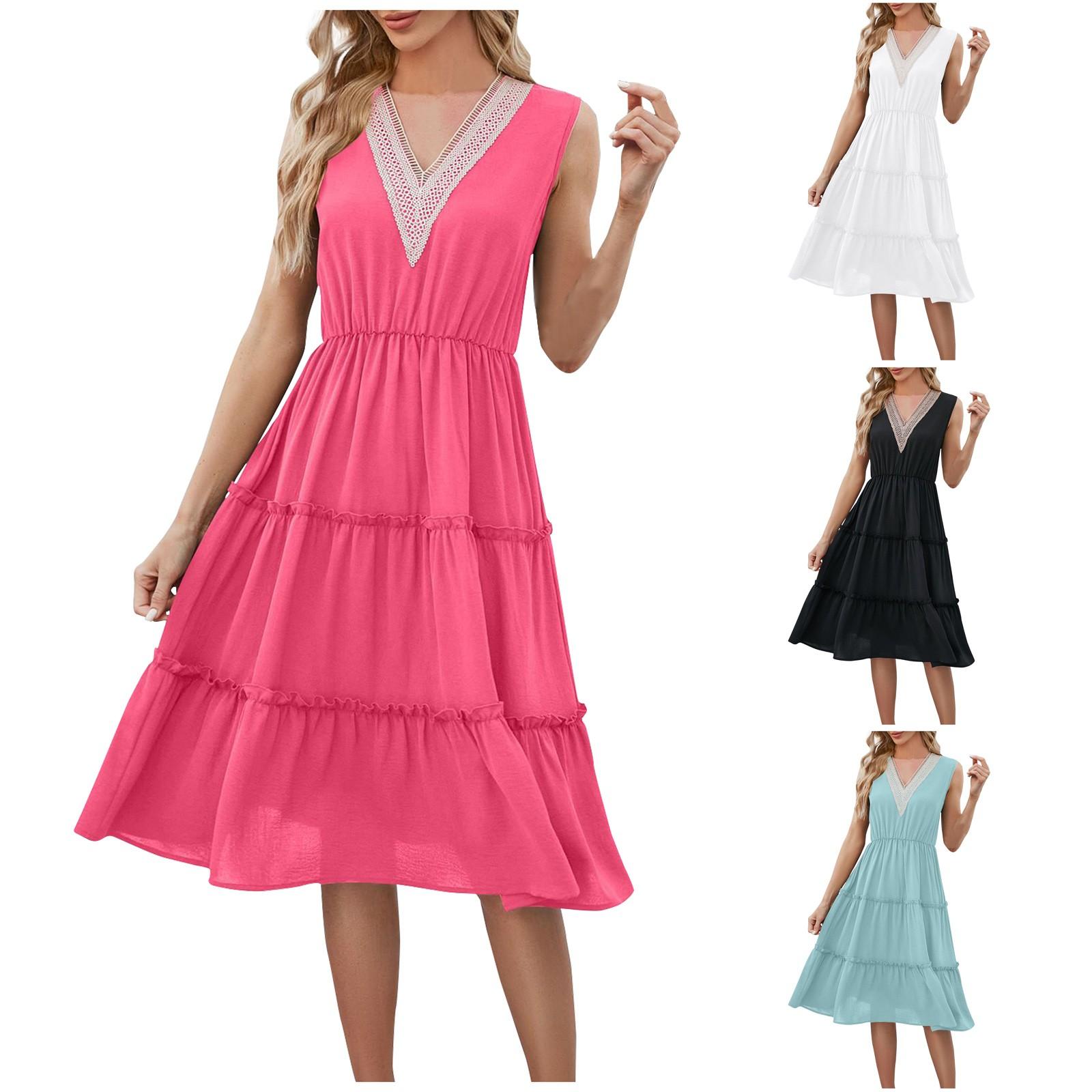 

Женские модные повседневные однотонные сексуальные кружевные V-образные боковые платья без рукавов с рюшами