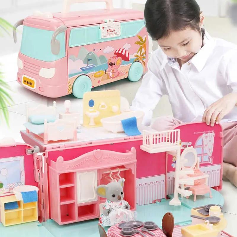 Dollhouse Koala Tour Bus Diary Girl Play House Toy Diy Bedroom Dresser Dining Kitchen Bathroom Shop Pretend Family Toys Girls