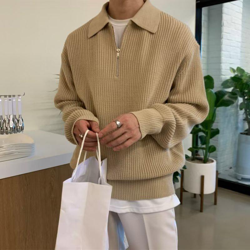 Men's Retro Half-Zip Turn-Down Collar Sweater, Autumn/Winter Style, Loose Casual Knitwear.
