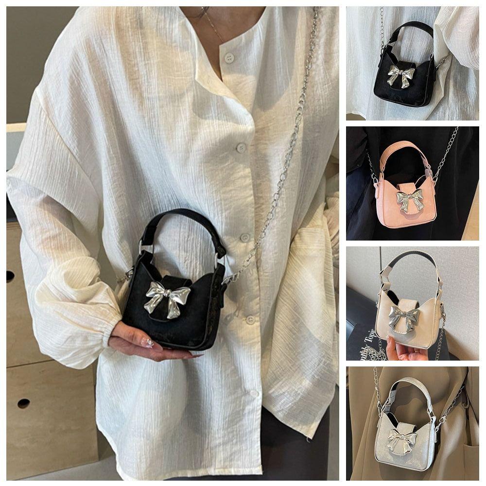Mini Bow Buckle PU Bag Pu Leather Women's Shoulder Bag Trendy Silver Bucket Bag  Makeup Bag