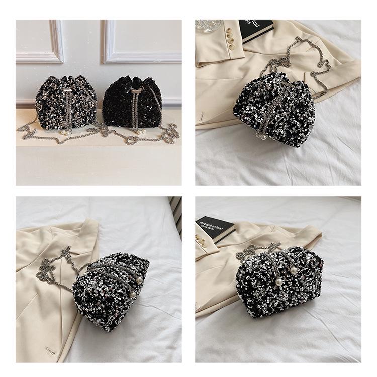 Chic Sequin Korean-Style Bucket Bag: Trendy Pleated Single Shoulder & Crossbody Evening Bag for Women 2026