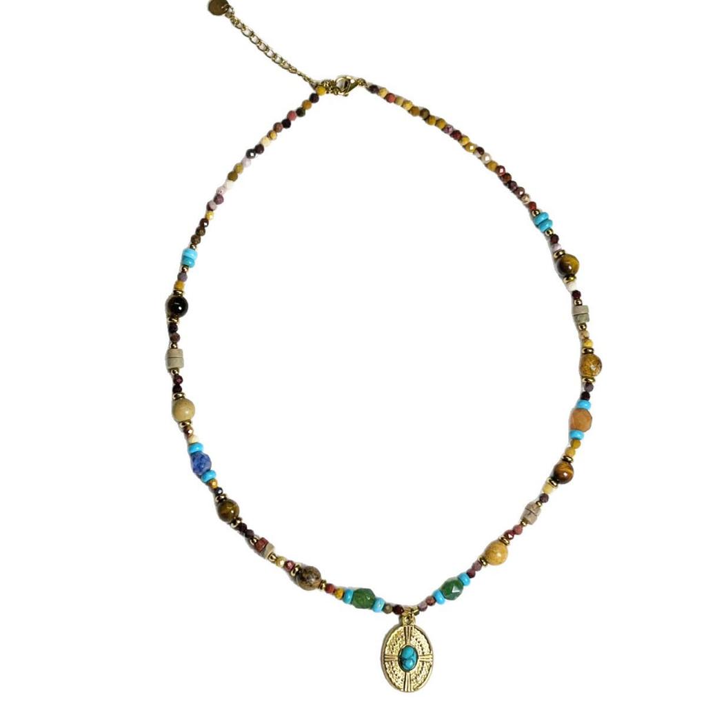 Bohemian Titanstahl Oval Vintage Halskette mit Naturstein Schlüsselbein und Pullover Kette für Damen