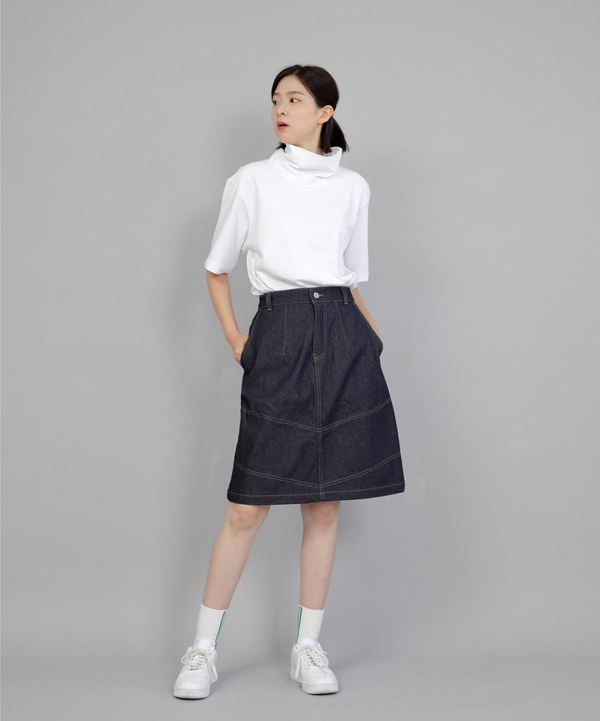 Seinteukeulu Wide Dome Half-Band Midi Skirt Wdm-1305 Indigo Denim Brs