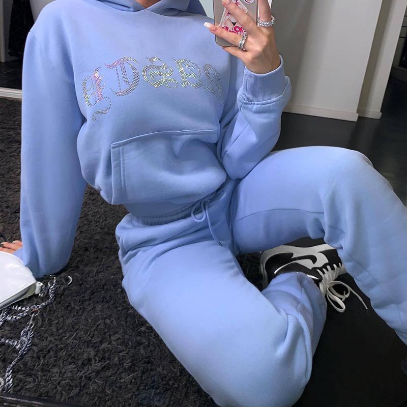 Gym Sets Damen Mode Lose Kapuzenanzüge Einfarbig Sportbekleidung Hoodie Lange Hosenanzug M blau