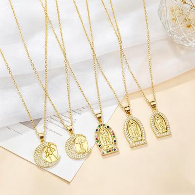 New Arrival Religion Moon/Arch Shaped Virgin Mary Jesus Zirconia Pendant Necklace Elegant Vintage Charm Zircon Gift for Women