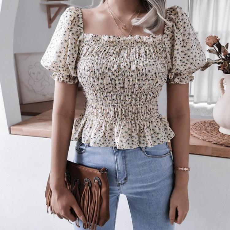 Chic bluse med blomsterprint for kvinner Vår Sommer Firkantet krage Korte lanternermer Kappehem Slank midje Chiffontopp Enkel S-XL