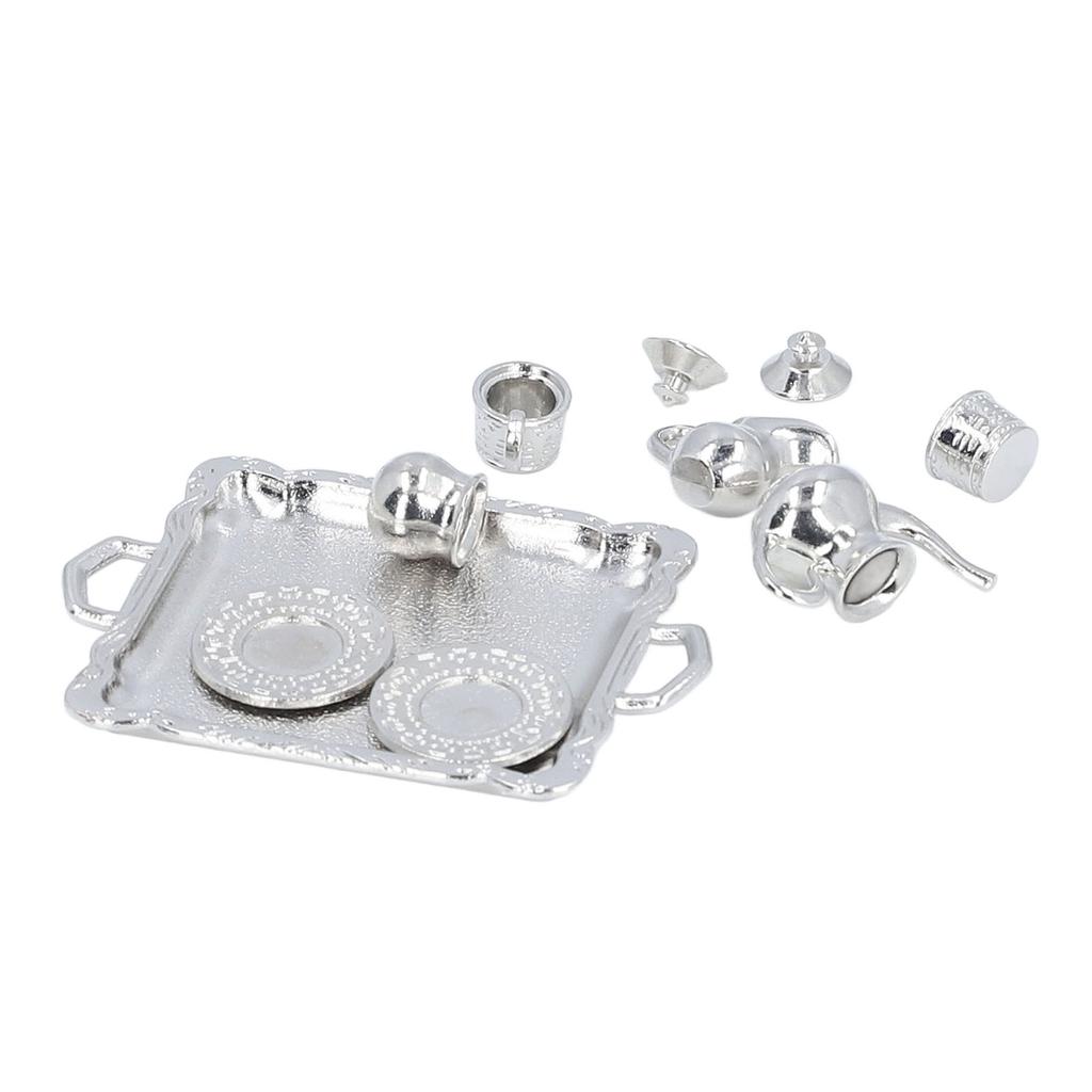 Miniature Tea Set Lifelike Alloy Dollhouse Tea Set Interactive Miniature Teapot Cup Plate Educational Dollhouse Kitchen