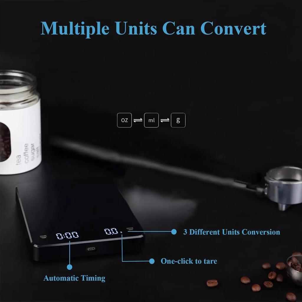 EXSX Digital Coffee Scale with Timer, 3KG/0.1g(ml/oz) High Precision, Auto Tare Function,USB Rechargeable Scale with LED Display
