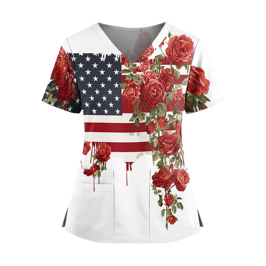 Women's Independence Day Print V-Neck Double Pocket Short Sleeve Uniform with Slit Hem - Caregiver Top