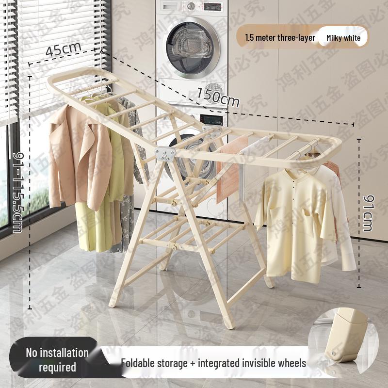 Folding Floor-Standing Clothes Drying Rack for Household, Bedroom, Balcony, Indoor Use - Ideal for Baby Clothes and Quilts.
