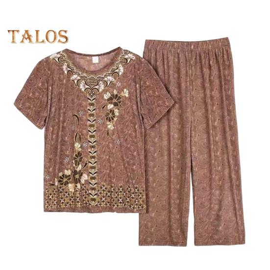 2 Pcs/Set Mid-aged Women Pajamas Set O Neck Embroidery Short Sleeve Plus Size Elastic Waist Pleated Loose Wide Leg Mother Grandmother Sleepwear