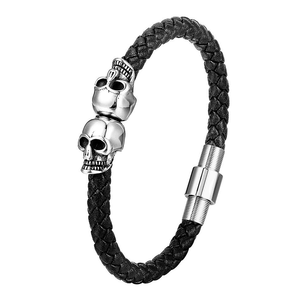 Multi-layer Punk Bracelet Stainless Steel Charm Magnetic Black Leather Men's Skull Braided Bangle Jewelry Homme