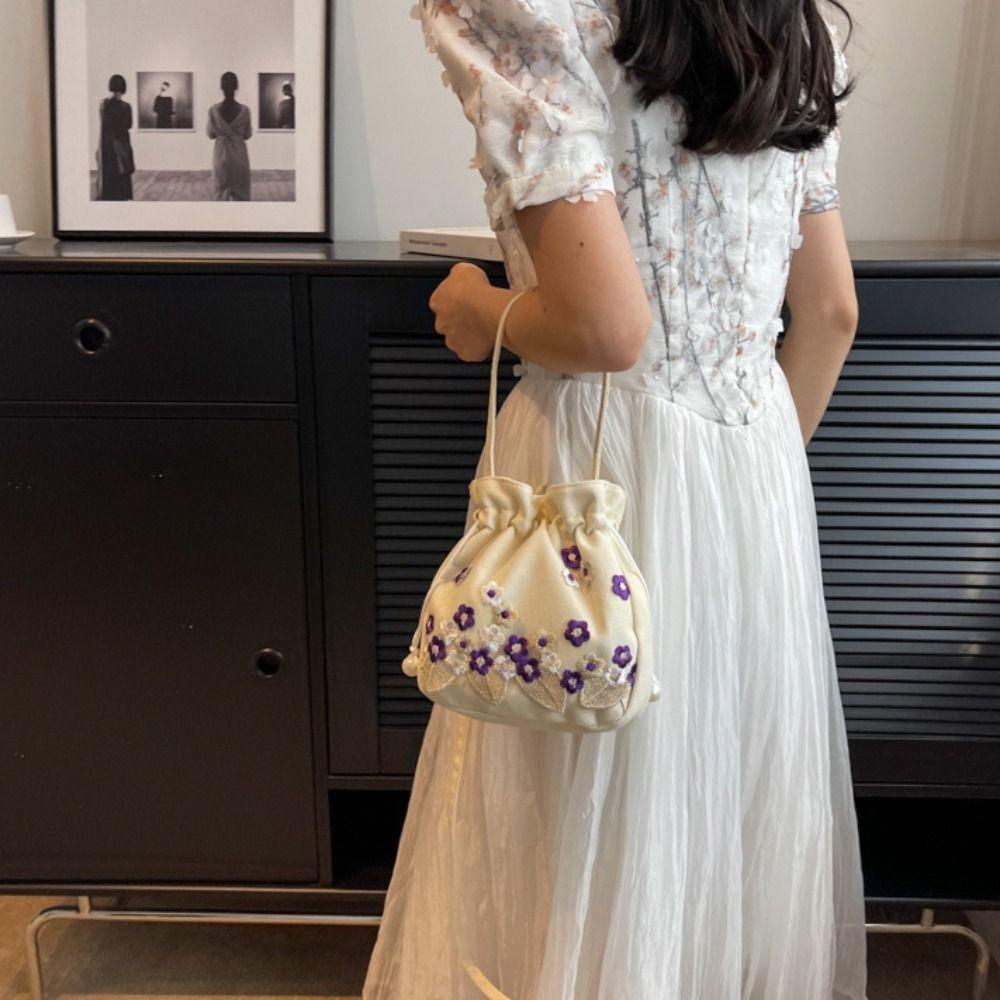 Chinese Embroidery Flower Handbag Shoulder Bag Floral Bucket Bag Hanfu Drawstring Bag  Shopping