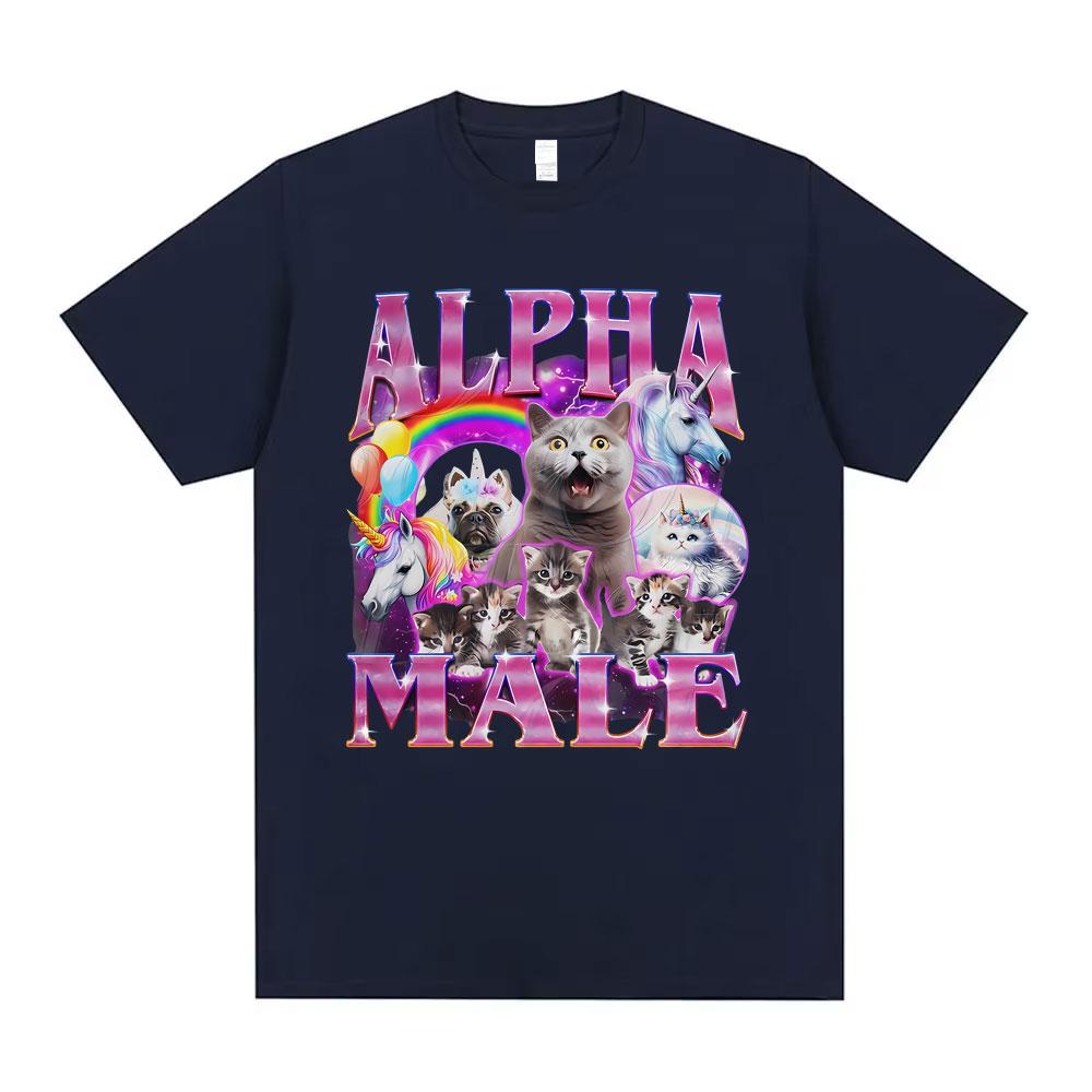 Alpha Male Unicorn Cat Funny Meme Print T Shirt Unisex Casual Vintage Short Sleeve Cotton Oversized T-shirt Streetwear Unisex Tops