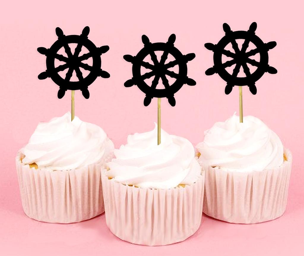 Darling Souvenir| Ship Wheel Cupcake Toppers| Beach Wedding Party Dessert Decorations - Pack Of
