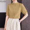 ZANZEA Women Casual Stand Collar Solid Color Summer Half Sleeve Blouse