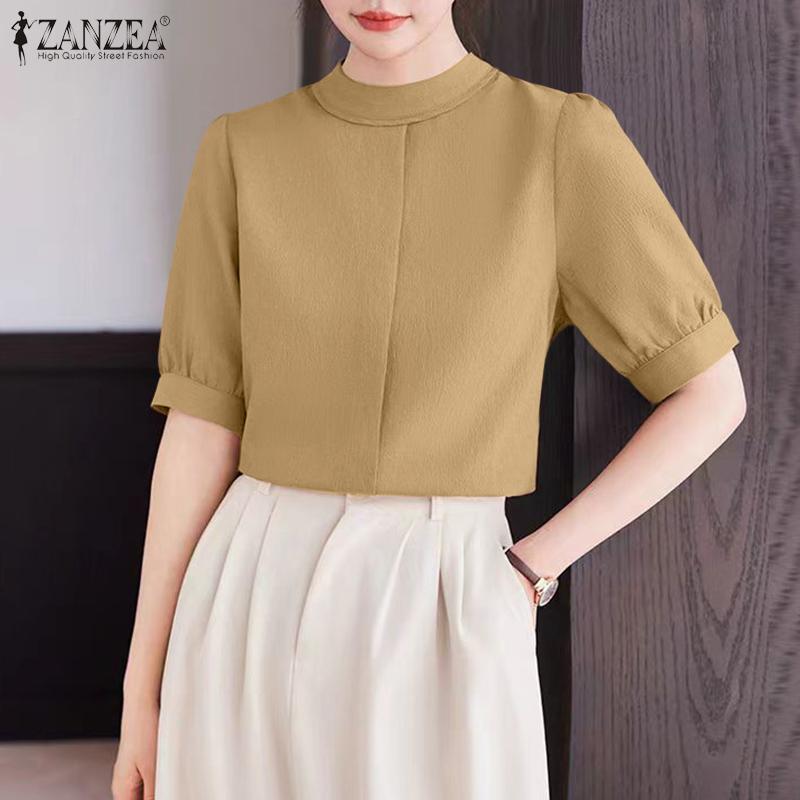 ZANZEA Women Casual Stand Collar Solid Color Summer Half Sleeve Blouse