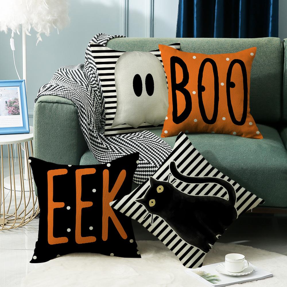 New Halloween Black Cat Striped Linen Pillow Cover Ghost Retro Elements Home Living Room Bedroom Sofa Decoration