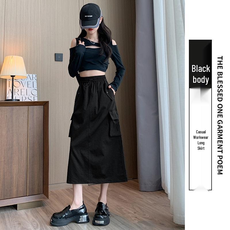 Women s High Waist A-Line Midi Skirt - Retro Workwear with Slit & Drawstring for Petite Figures, Spring & Autumn. Large чёрный