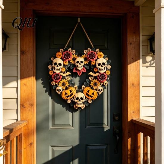 Halloween Door Decoration Flower Skull Pumpkin Wreath Decorations, Heart Shape Welcome Hanging Sign, Happy Front Autumn Hanger Decor, Wooden Ornaments