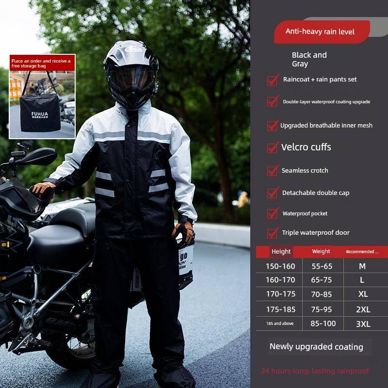 Rainproof Motorcycle Raincoat and Rain Pants Set, Two-Piece, Men'S, Fully Waterproof, Storm-Proof, Windproof, with Shoe Covers