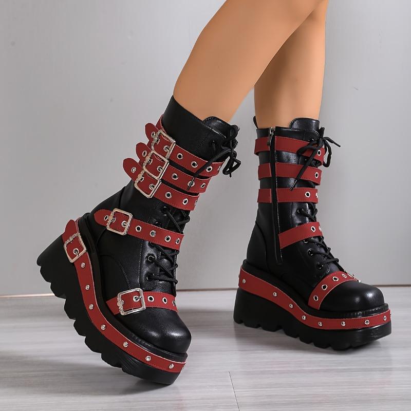 New Autumn-Winter Women'S Fashion Thick-Soled Mid-Calf Boots With Lining, Warm Dark Punk Style, Side Zipper, Wedge Heel