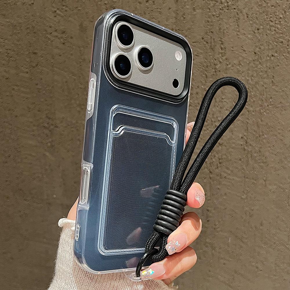 Candy Color Card Slot Bag Holder Phone Case For iPhone 17 16 15 14 13 12 11Pro Max Air Wrist Strap Shockproof Cover With Lanyard