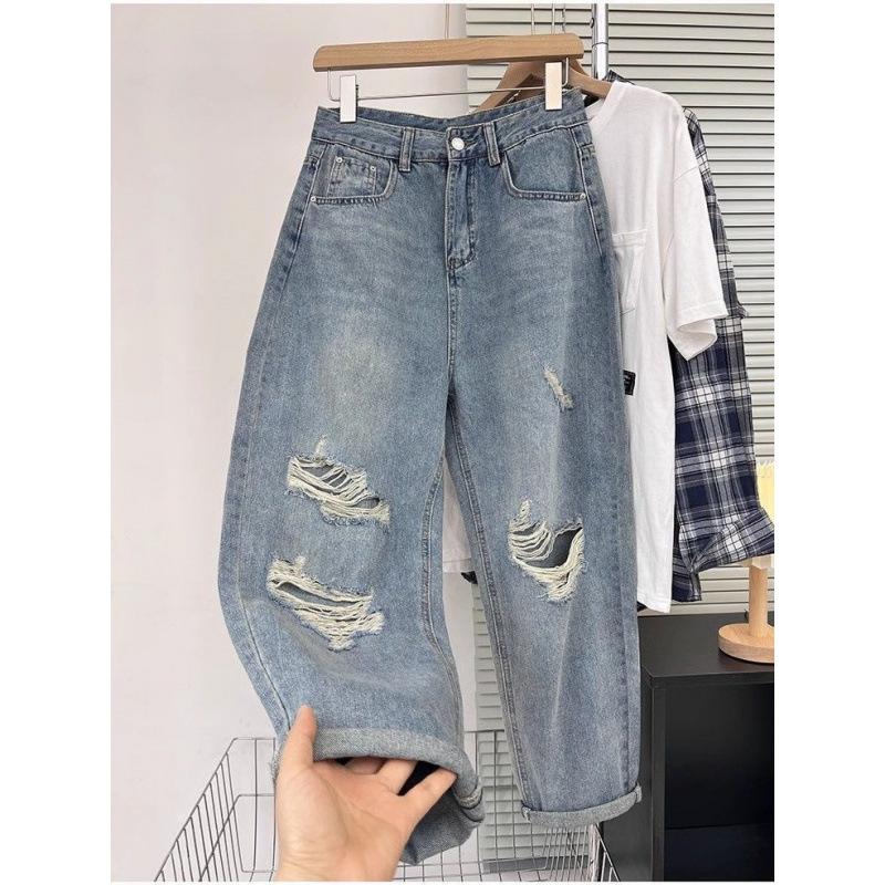 Děrované Džíny Dámské Vysoký Pas Rovný Rozkrok Volný Štíhlý Design High-street Vzhled Široké Nohavice Vlečící Kalhoty