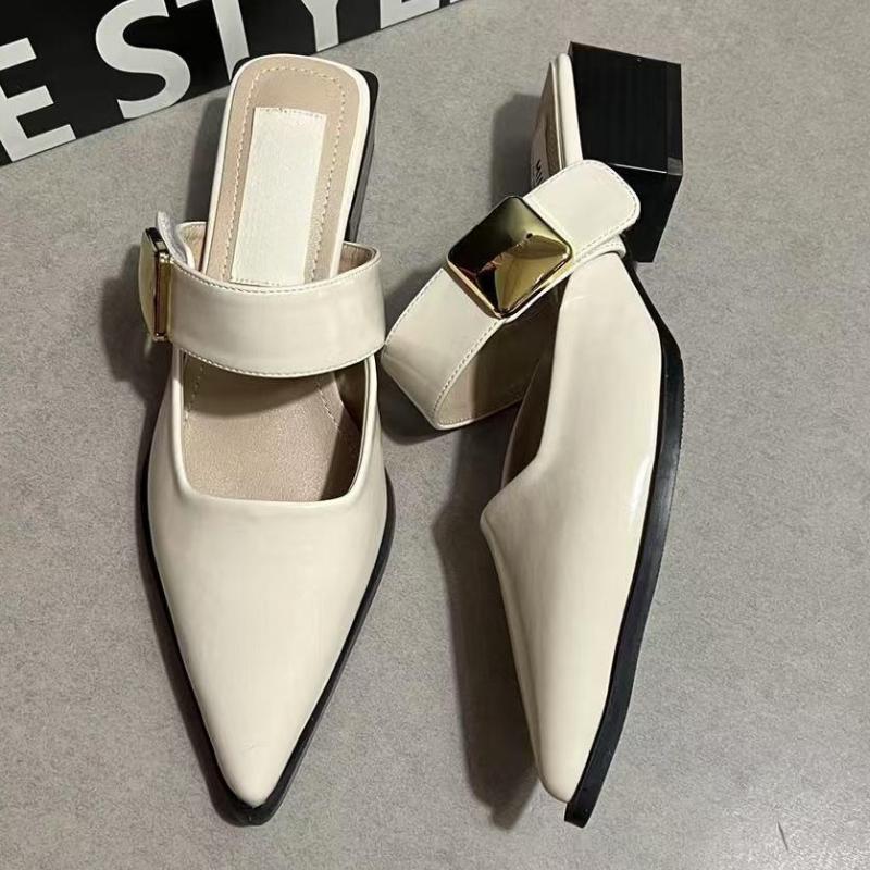 Fashion Retro Women Mid Heels Slippers Pointed Toe Heeled Sandals Woman Shoes 2025 Summer Classic Chunky Pumps Shallow Chaussures Femme