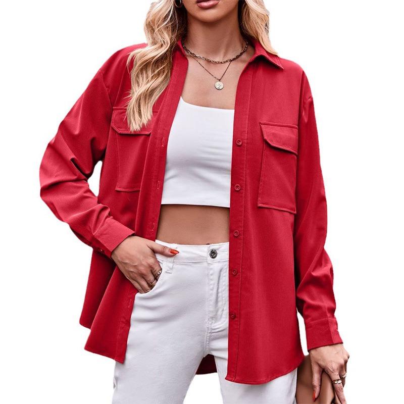 Women S Long Sleeve Solid Color Button Up Shirt With Pockets Casual