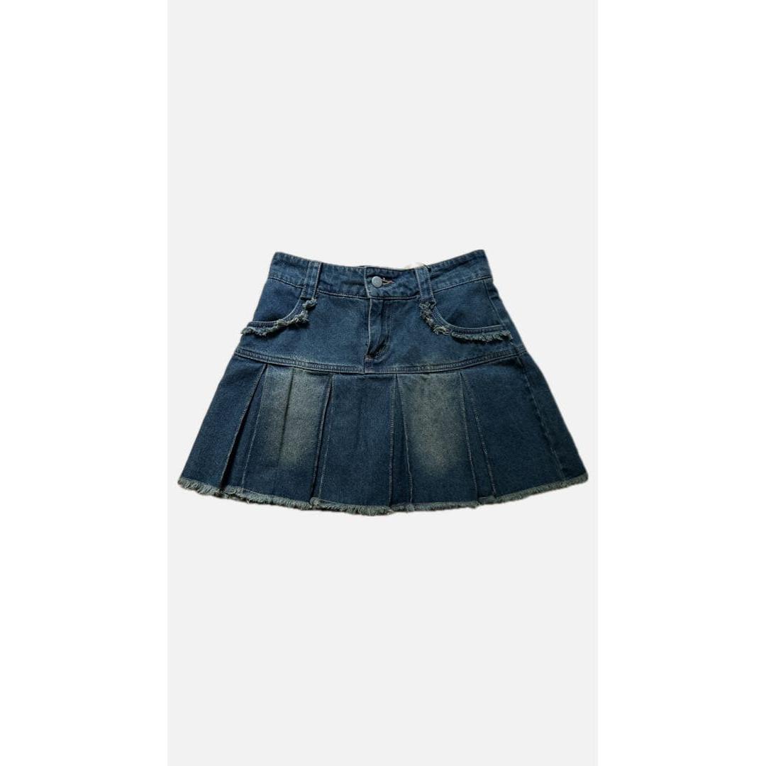 Dark denim pleated skirt with fringe hem