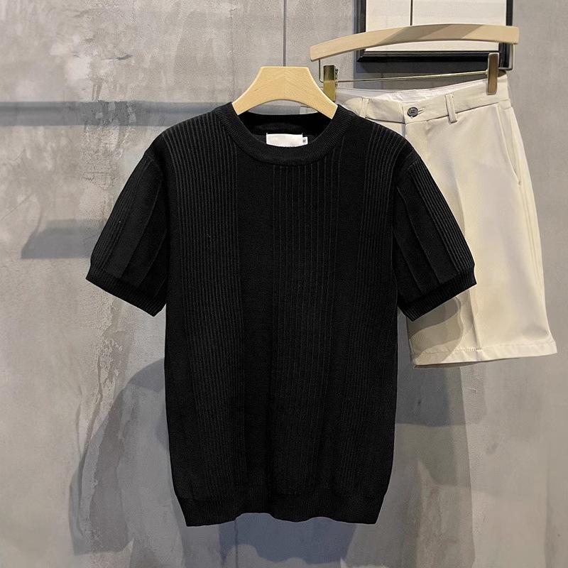 Herren Strick T-Shirt Kurzarm Schwergewicht Sommer Slim Fit Lässig Gestreiftes T-Shirt Strickwaren Ärmel Koreanischer Trend Hochelastisch