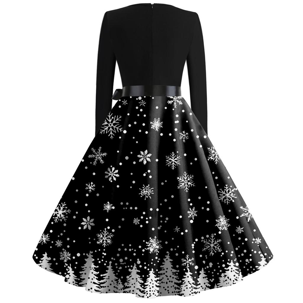 Christmas Print Flare Dress For Women Long Sleeve Dress Hollow Party Casual Dresses