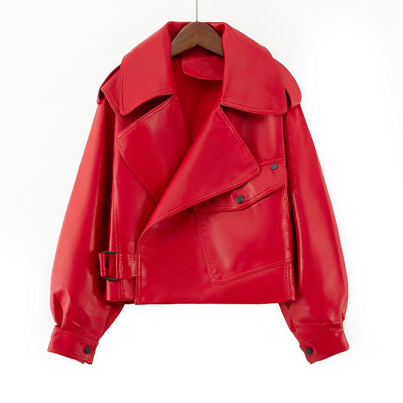 2025 Spring Korean Style Loose Fit Women's Leather Jacket with Long Sleeves