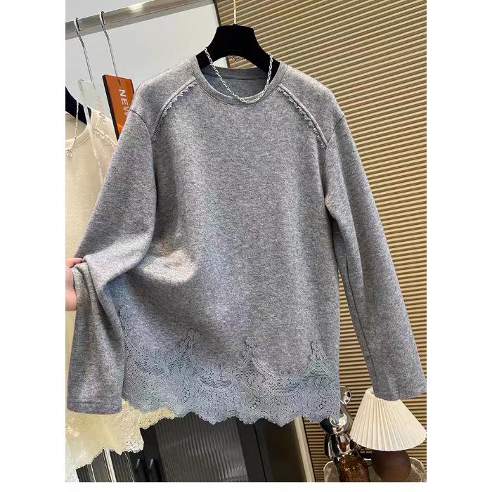 

Elegant Lace Spliced Thermal Plus-Size Long Sleeve T-Shirt - Korean Style, Loose Fit for Spring/Autumn 4XL (Recommended 210-240 Jin) сірий колір