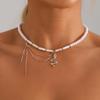 Vintage Cubic Zirconia Crystal Heart Pendant Geometric Crystal Imitation & Pearl Chain Necklace for Women Choker Jewelry N0499