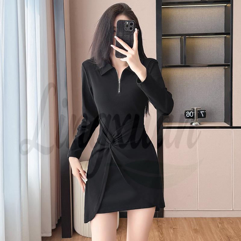 Women s Irregular Polo Collar Zipper Bodycon Dress - Spring/Autumn Fashion Chic Short Sleeve Skirt L чёрный