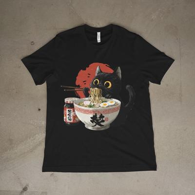 Ramen Cat Shirt Japanese Art Black Cat Anime Graphic T-Shirt