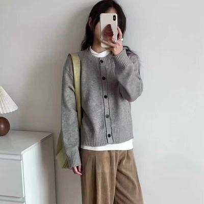 Cross-border New Solid Color Simple Single-breasted Round Neck Long-sleeve Thick Knit Cardigan European and American Sweater Jacket for Women