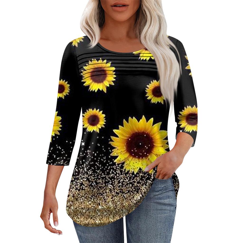 Women's Fashion Round Neck Pleated Front Placket Solid Color 3/4 Sleeve Top