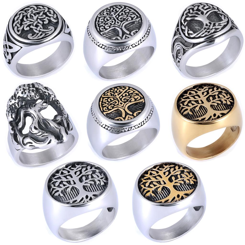 Mens Vintage Hip Hop Style Tree of Life Botanical Element Stainless Steel Ring