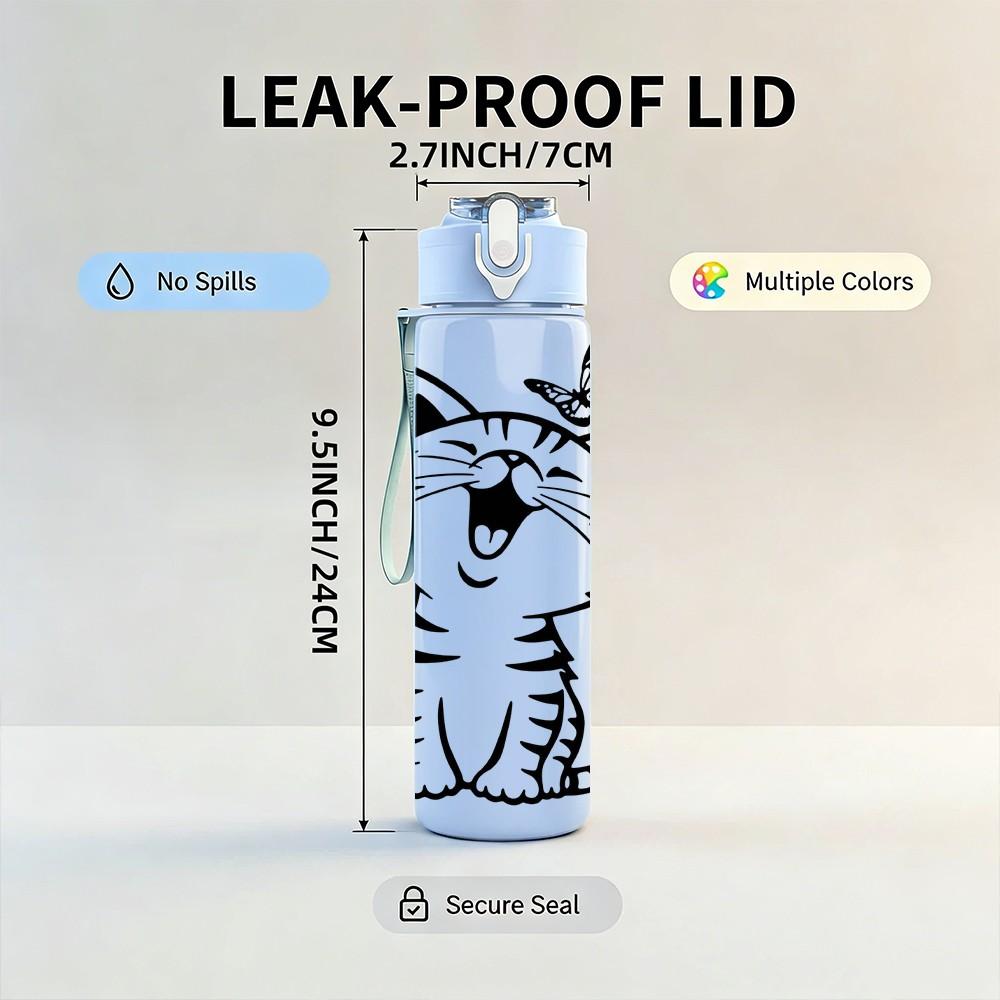 1PC Playful Tabby Kitten Cartoon Pattern 750ml Color Plastic Sports Water Bottle Leakproof Flip Straw Lid Suitable for Sports Office Home Use